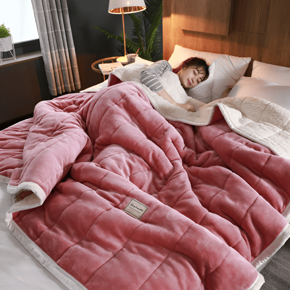 Koc Dwustronny Sherpa Fleece z Pikowaną Powierzchnią - Ciemnoróżowy