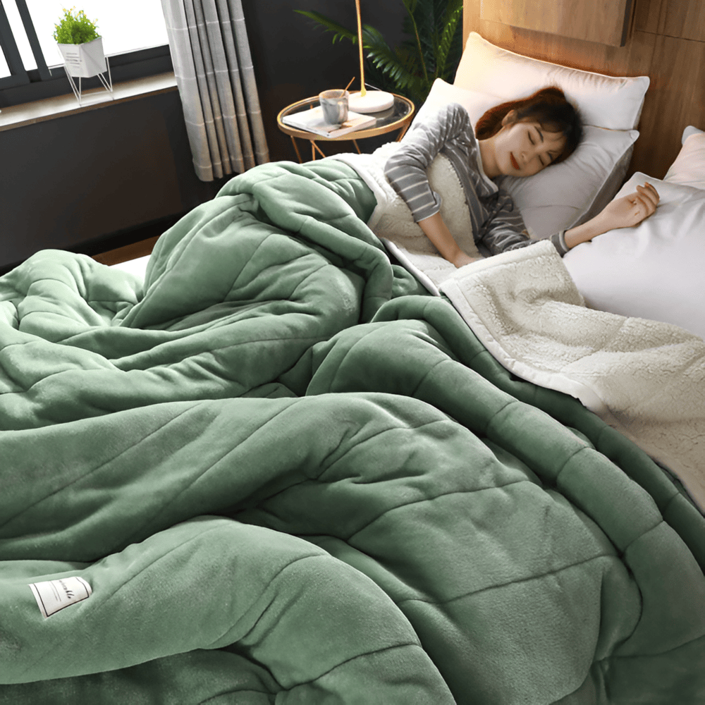 Koc Dwustronny Sherpa Fleece z Pikowaną Powierzchnią - Zielony