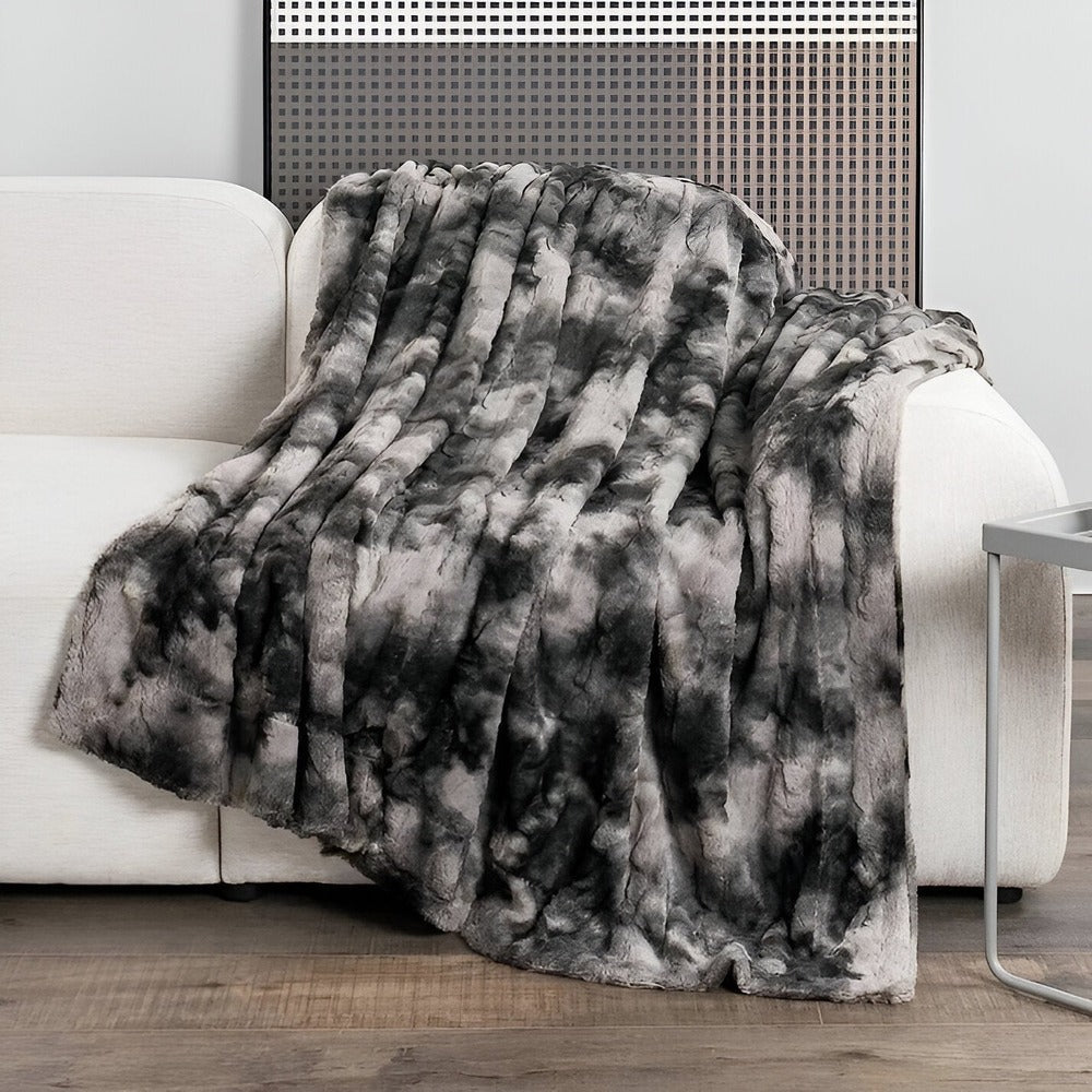 Koc Plaid ze Sztucznym Futrem z Wzorem Batik Dwustronny - Czarny