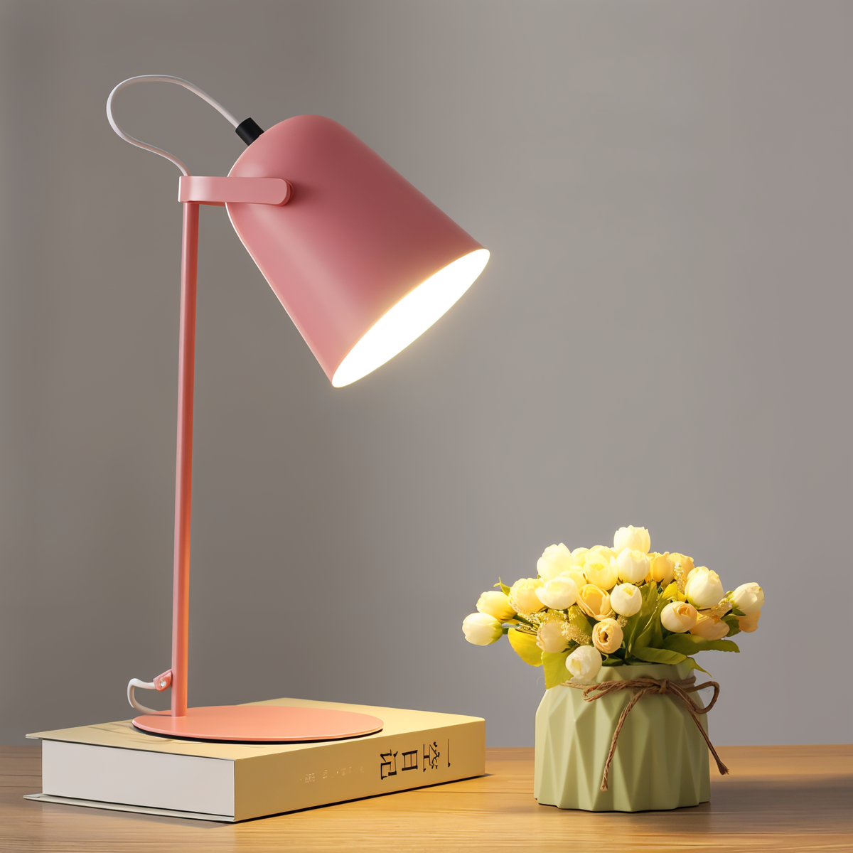 Lampa Biurkowa Skandynawska z Obrotowym Kloszem i Włącznikiem - Różowy