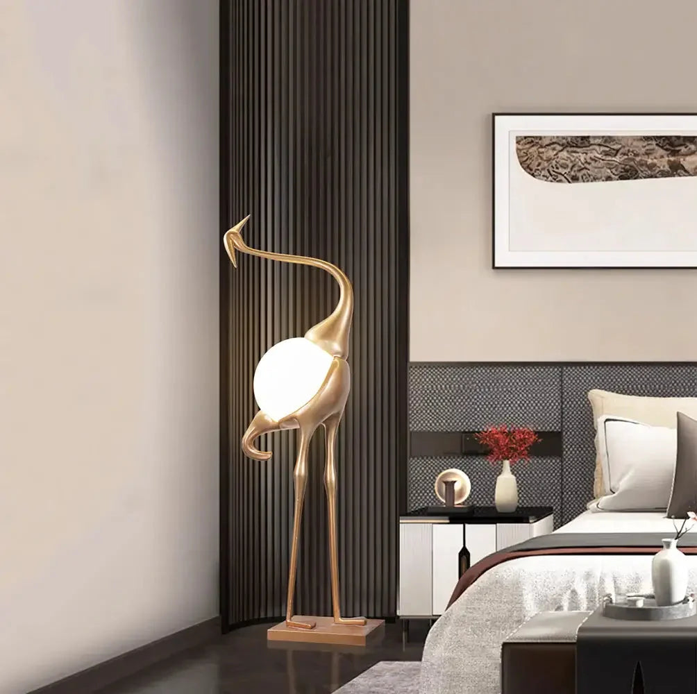 Lampa Podłogowa Art Deco w Kształcie Żurawia ze Szklanym Kloszem - 10