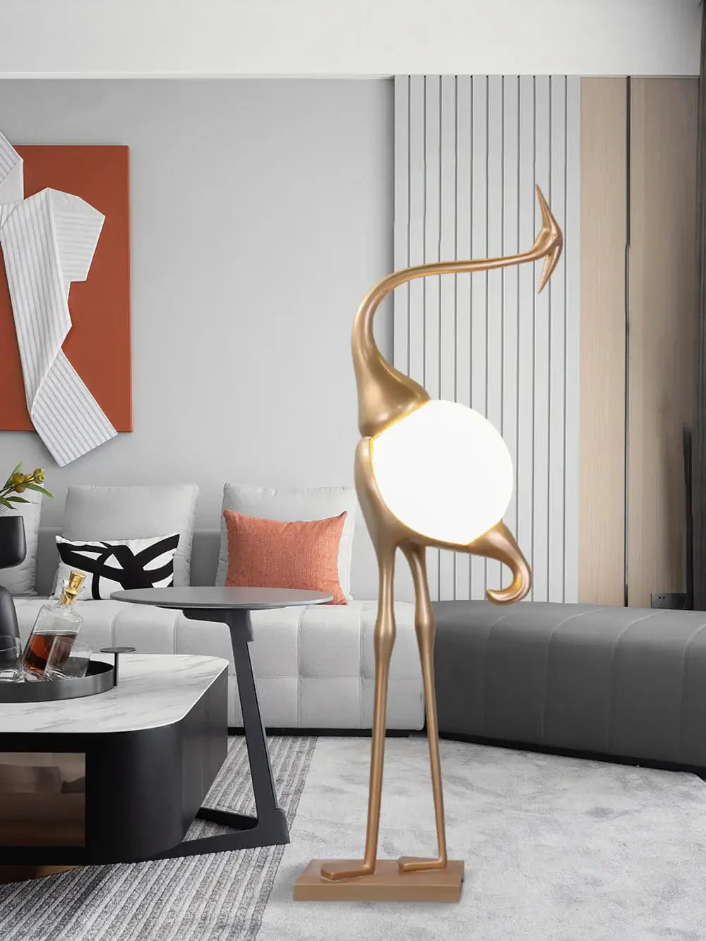 Lampa Podłogowa Art Deco w Kształcie Żurawia ze Szklanym Kloszem - 11