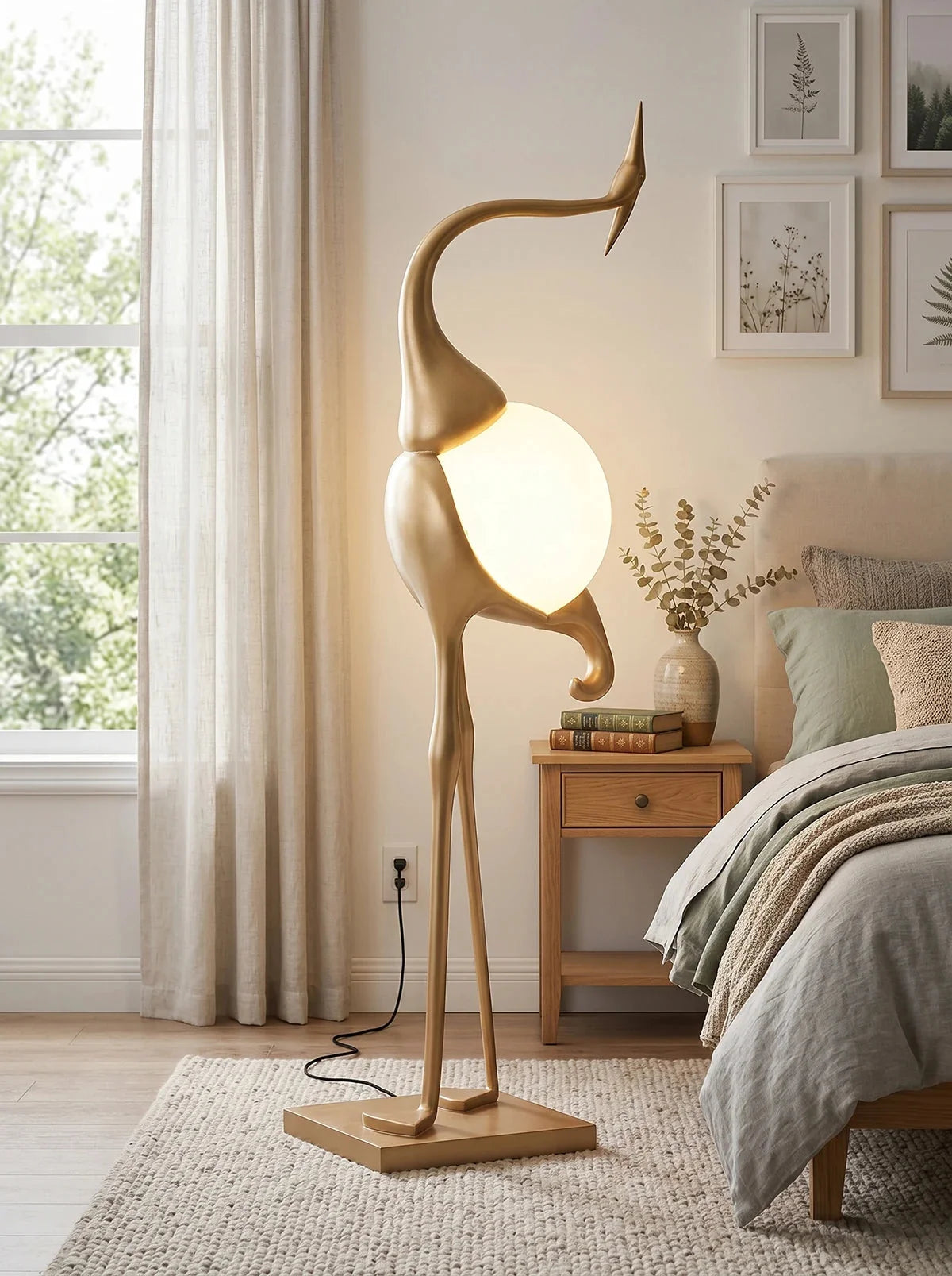Lampa Podłogowa Art Deco w Kształcie Żurawia ze Szklanym Kloszem