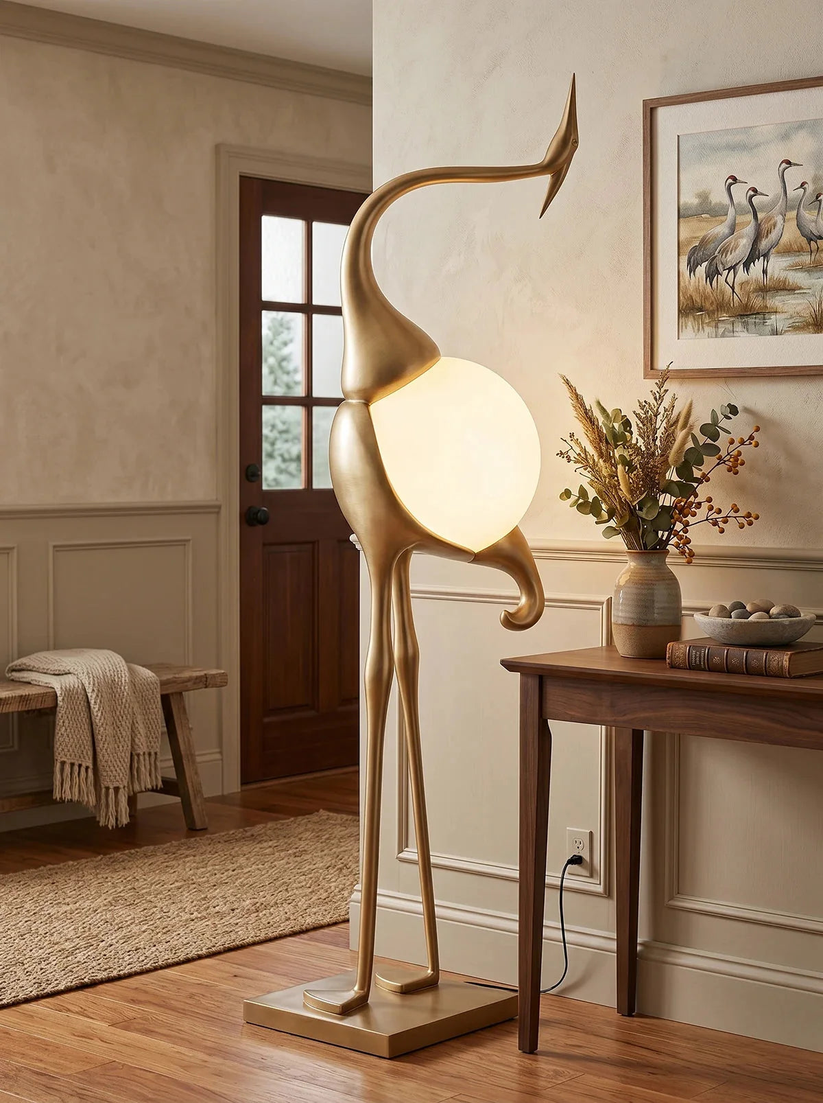 Lampa Podłogowa Art Deco w Kształcie Żurawia ze Szklanym Kloszem - 4