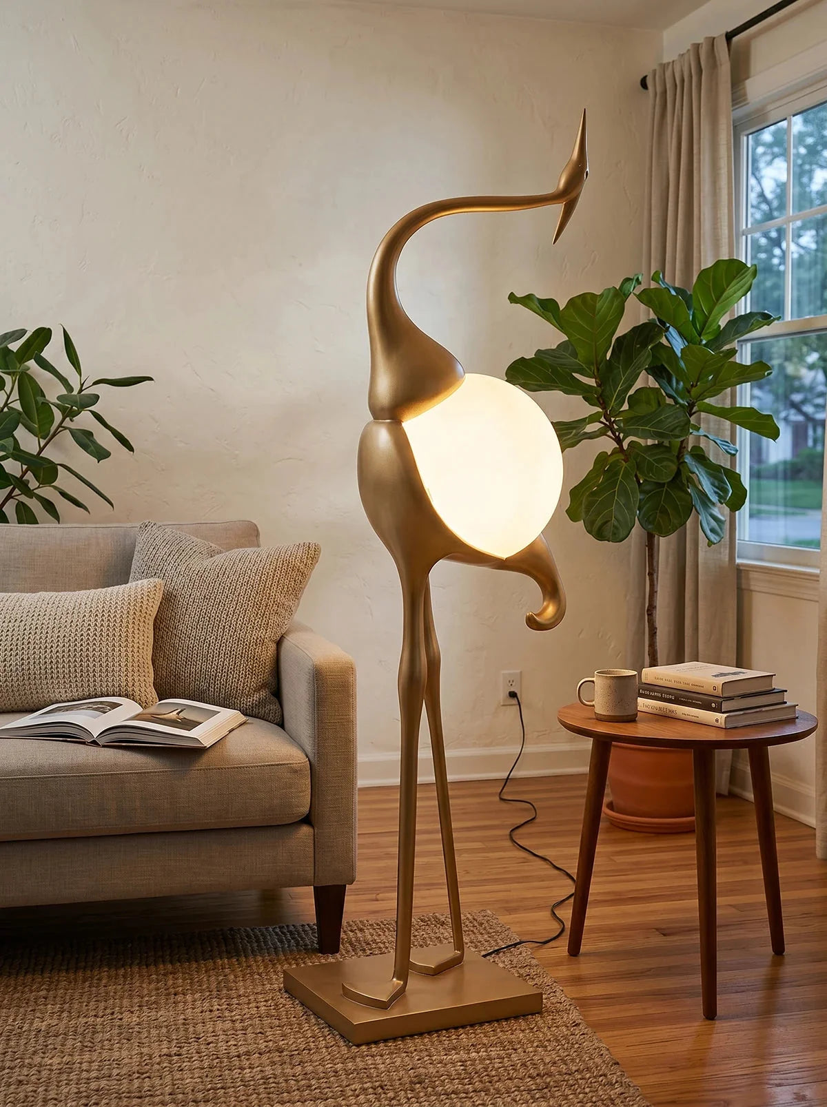 Lampa Podłogowa Art Deco w Kształcie Żurawia ze Szklanym Kloszem - 5