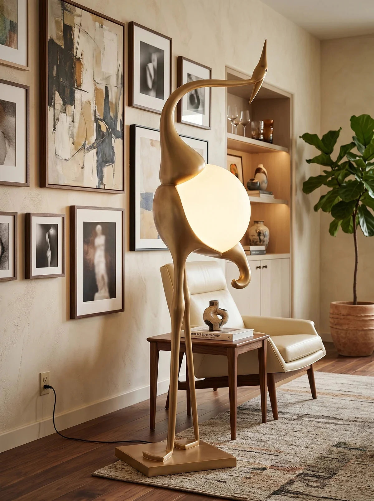 Lampa Podłogowa Art Deco w Kształcie Żurawia ze Szklanym Kloszem - 7