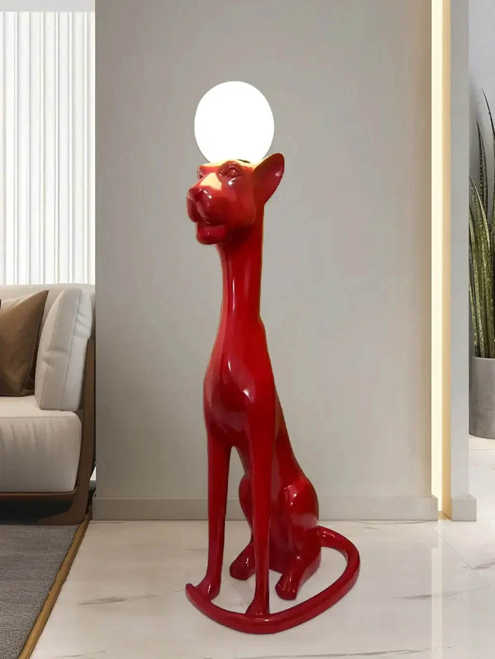 Lampa Podłogowa Art Deco z Figurą Pantery i Kloszem Kulistym - 9