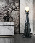 Lampa Podłogowa Art Deco z Figurą Pantery i Kloszem Kulistym - 13