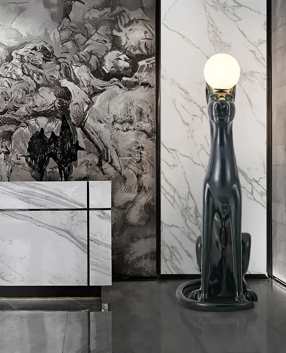 Lampa Podłogowa Art Deco z Figurą Pantery i Kloszem Kulistym - 13