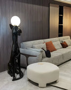 Lampa Podłogowa Art Deco z Figurą Pantery i Kloszem Kulistym - 17