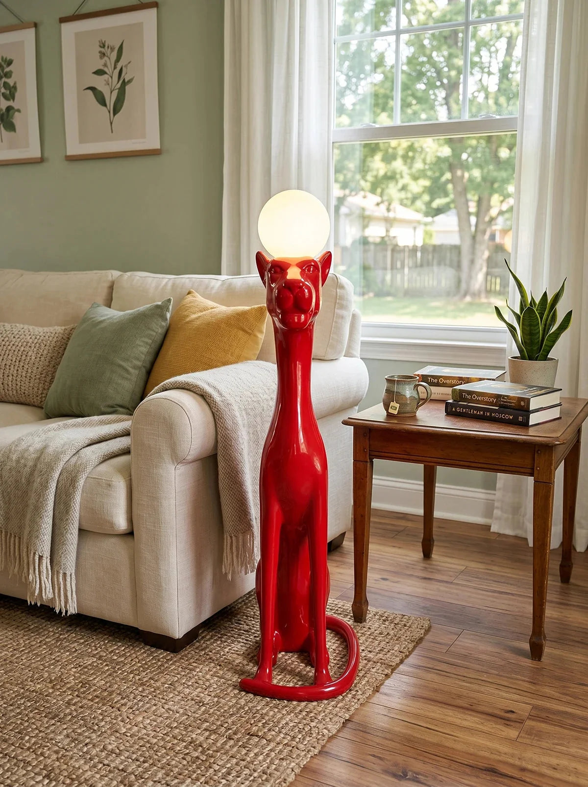 Lampa Podłogowa Art Deco z Figurą Pantery i Kloszem Kulistym - Czerwony