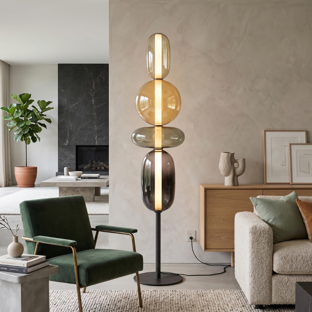 Lampa Podłogowa Art Deco ze Szklanymi Kloszami w Kształcie Kamieni - Biały i ciepłe światło