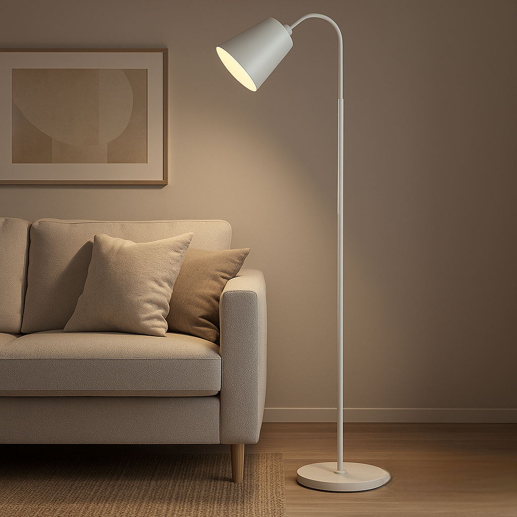 Lampa Podłogowa Skandynawska z Elastyczną Szyją i Okrągłą Podstawą - Biały