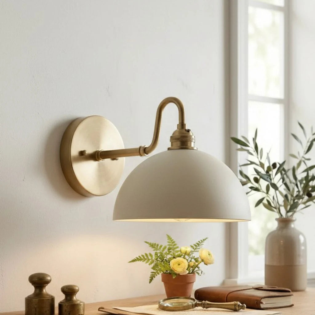 Lampa Ścienna Vintage z Mosiężnym Ramieniem i Kloszem w Kształcie Misy - 3