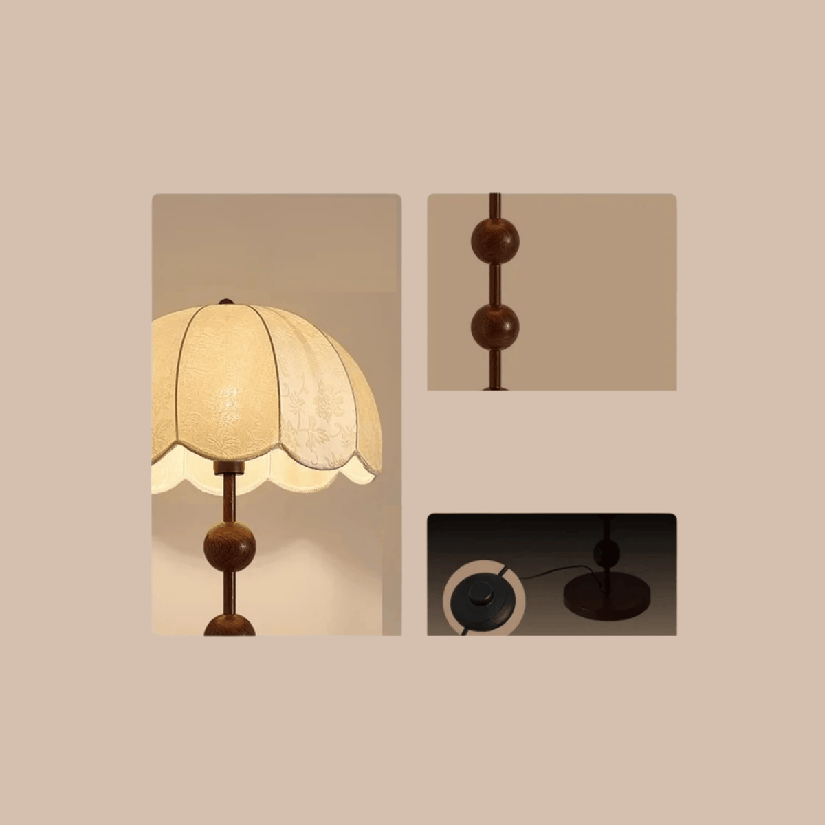 Lampa Stojąca i Stołowa Retro z Kloszem w Kształcie Kwiatu i Drewnianą Podstawą - 8