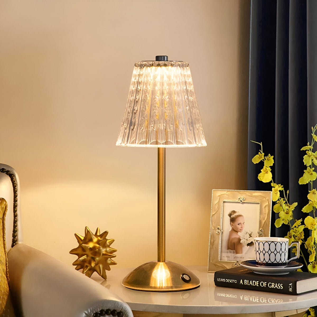 Lampa Stołowa Bezprzewodowa Art Deco z Kryształowym Kloszem