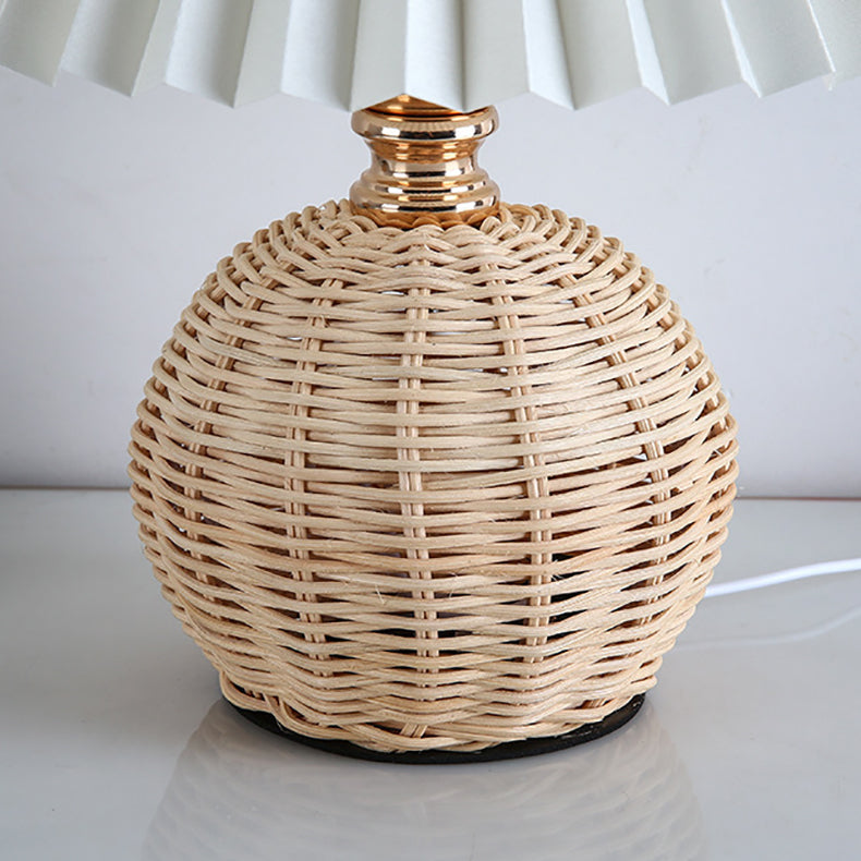 Lampa Stołowa Skandynawska z Rattanową Podstawą i Plisowanym Abażurem - 19