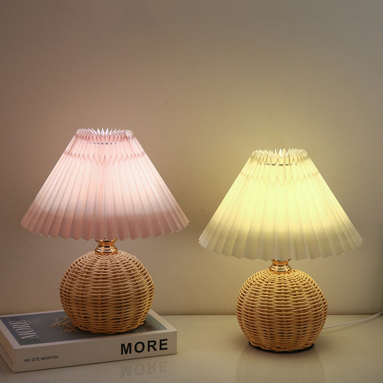 Lampa Stołowa Skandynawska z Rattanową Podstawą i Plisowanym Abażurem - 21