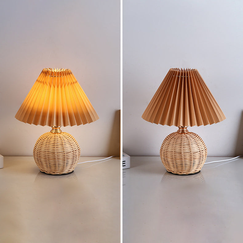 Lampa Stołowa Skandynawska z Rattanową Podstawą i Plisowanym Abażurem - 22