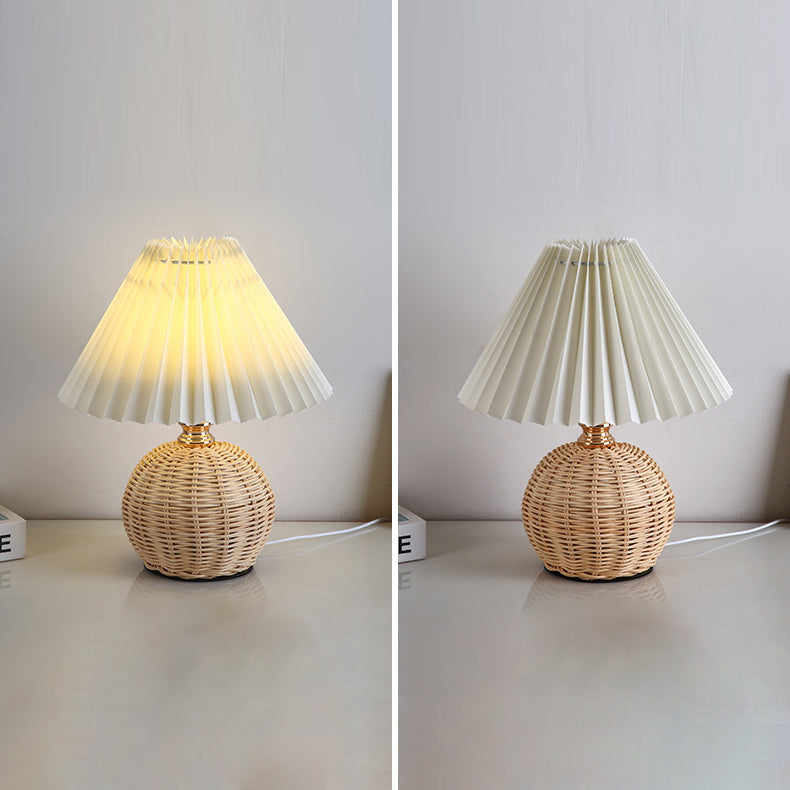 Lampa Stołowa Skandynawska z Rattanową Podstawą i Plisowanym Abażurem - 24