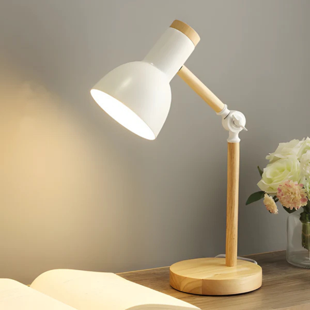 Lampa Stołowa Skandynawska z Regulowanym Kloszem i Drewnianą Podstawą - Biały
