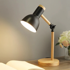 Lampa Stołowa Skandynawska z Regulowanym Kloszem i Drewnianą Podstawą - Czarny
