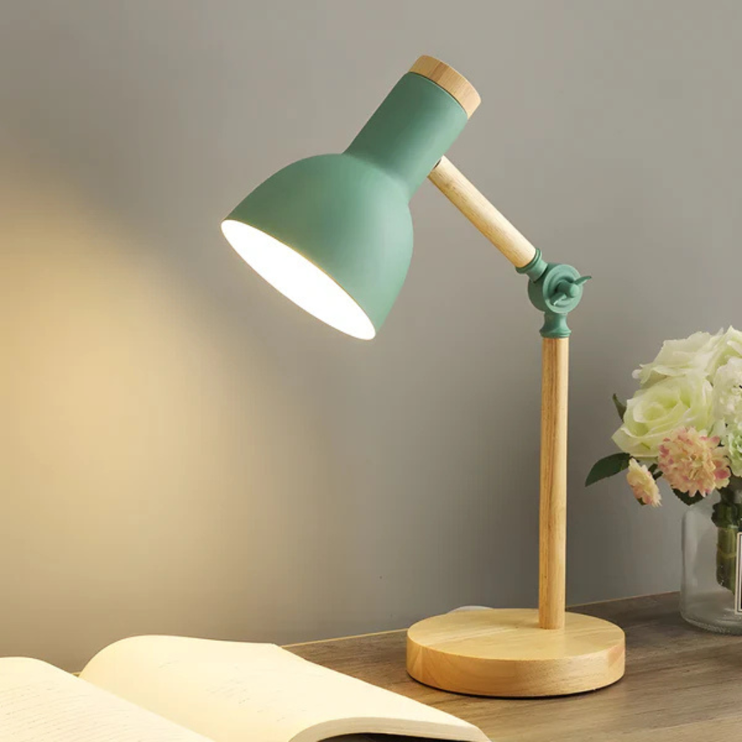 Lampa Stołowa Skandynawska z Regulowanym Kloszem i Drewnianą Podstawą - Miętowo-zielony