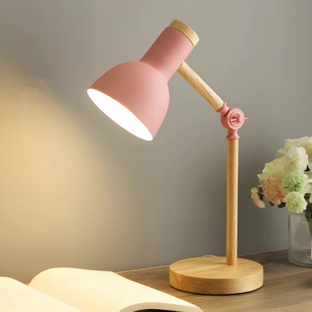 Lampa Stołowa Skandynawska z Regulowanym Kloszem i Drewnianą Podstawą - Różowy