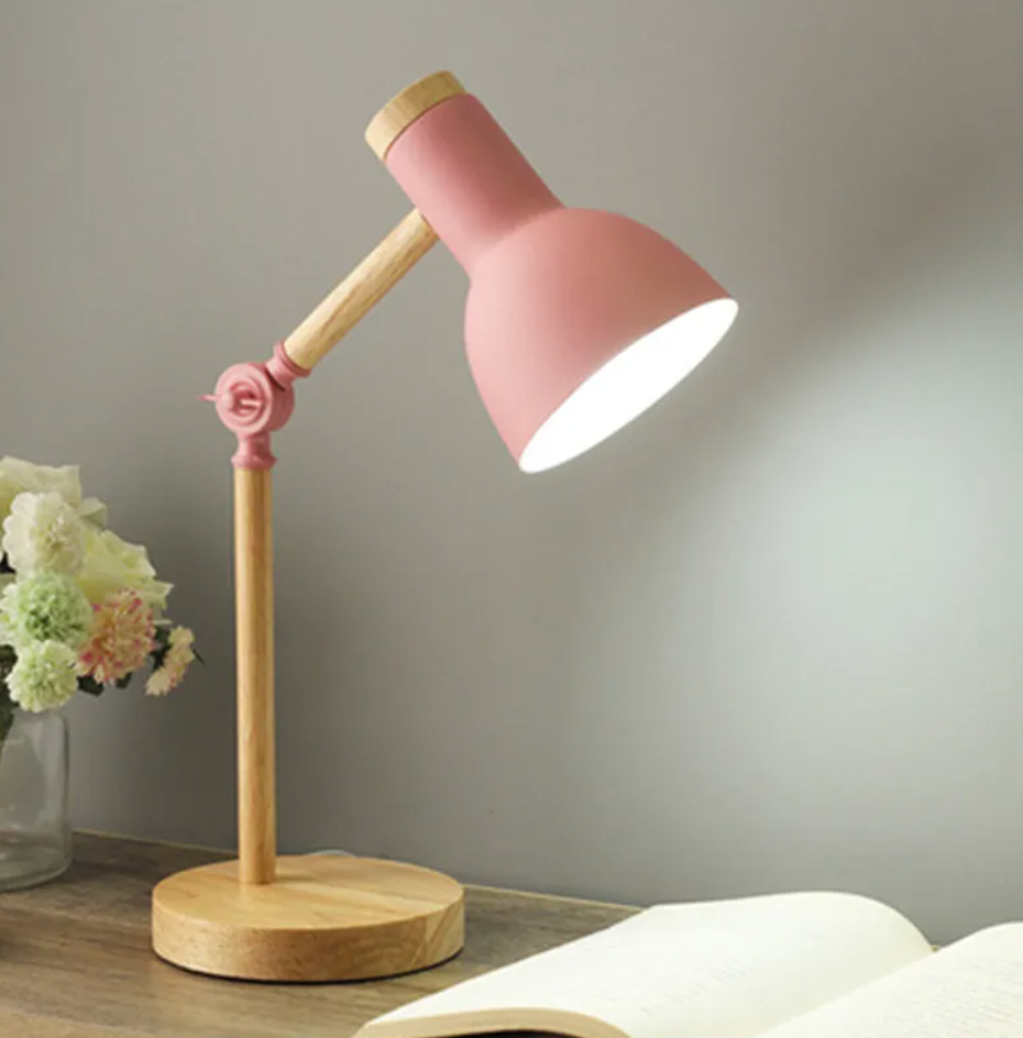 Lampa Stołowa Skandynawska z Regulowanym Ramieniem i Drewnianą Podstawą - Różowy
