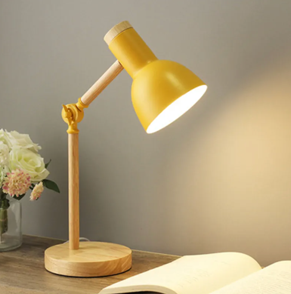 Lampa Stołowa Skandynawska z Regulowanym Ramieniem i Drewnianą Podstawą - Żółty