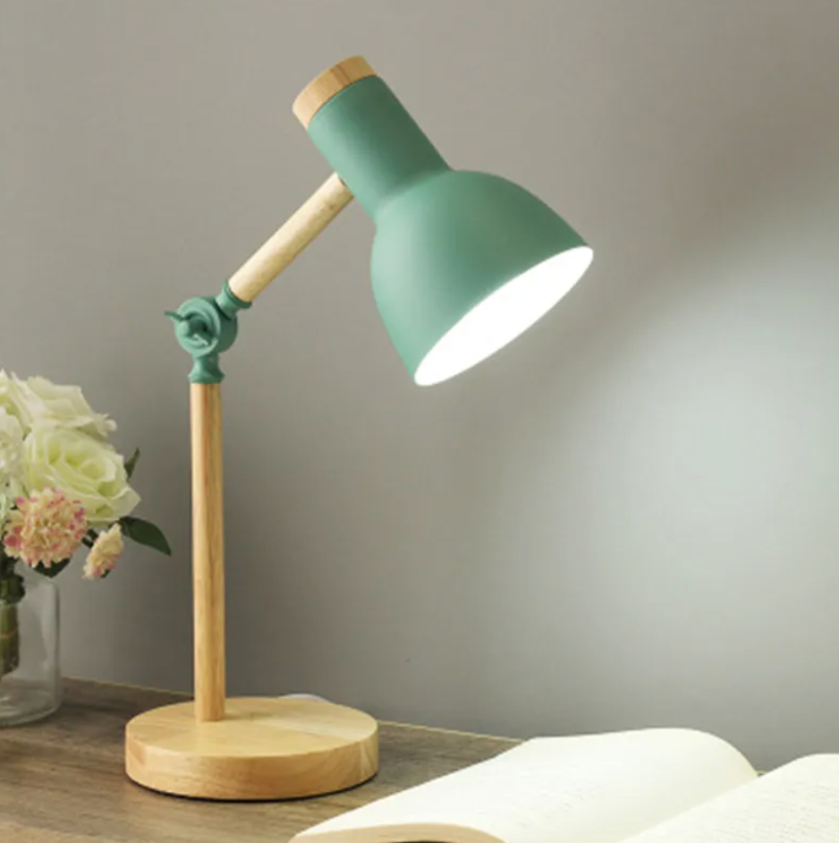 Lampa Stołowa Skandynawska z Regulowanym Ramieniem i Drewnianą Podstawą - Zielony