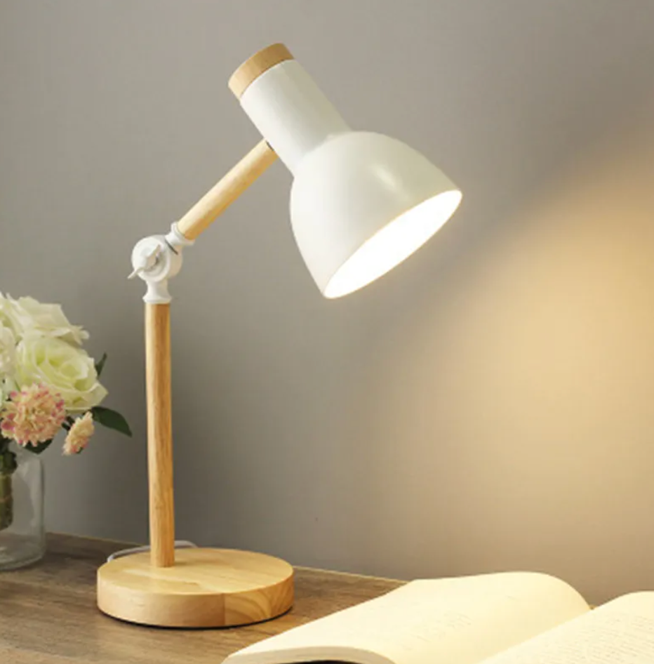 Lampa Stołowa Skandynawska z Regulowanym Ramieniem i Drewnianą Podstawą - Biały