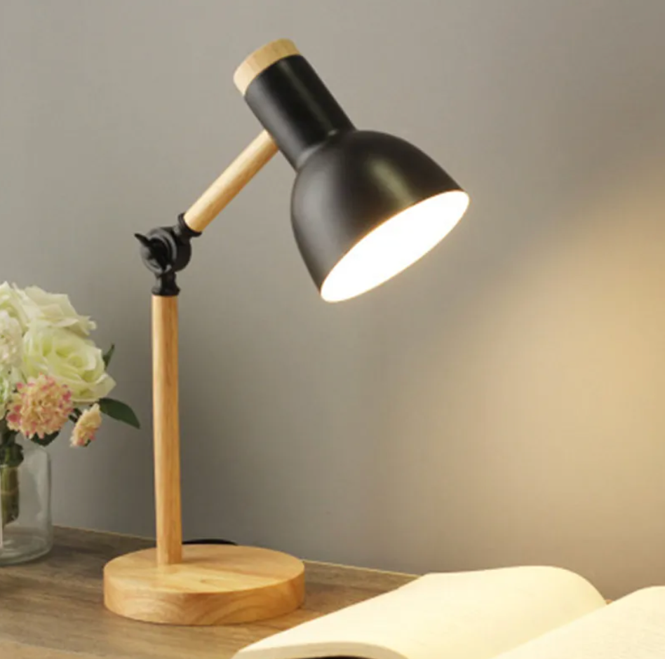 Lampa Stołowa Skandynawska z Regulowanym Ramieniem i Drewnianą Podstawą - Czarny