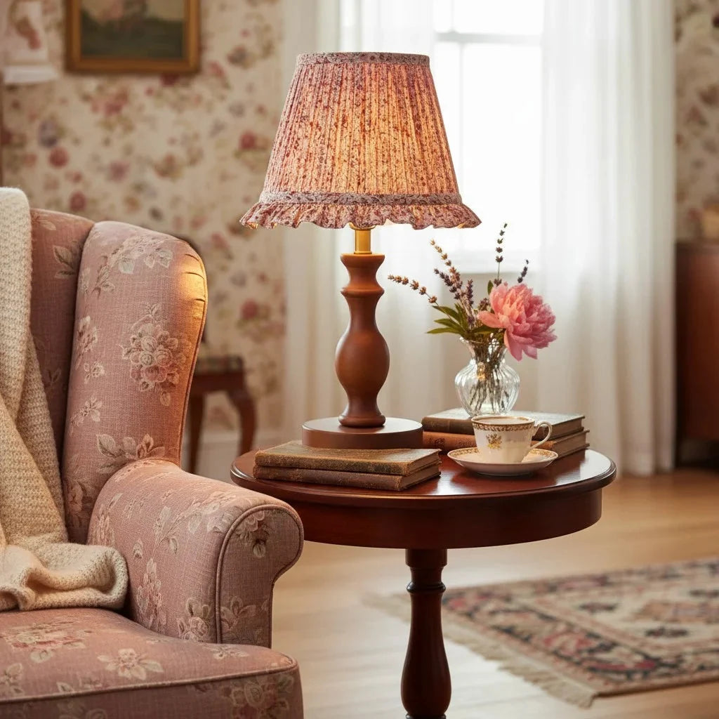 Lampa Stołowa Vintage z Plisowanym Kloszem w Kwiaty na Toczonej Podstawie - 8