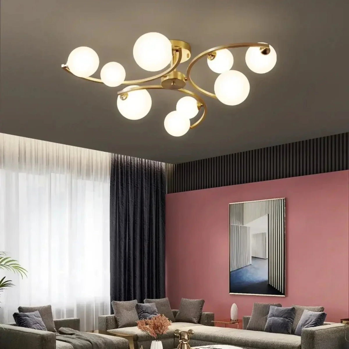 Lampa Sufitowa Art Deco z Zakrzywionymi Ramionami i Kulami Opal - 4