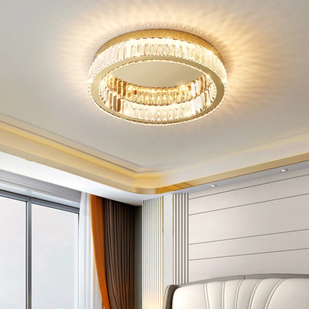 Lampa Sufitowa Glamour z Kryształami w Okrągłej Oprawie - Złoty z przezroczystym