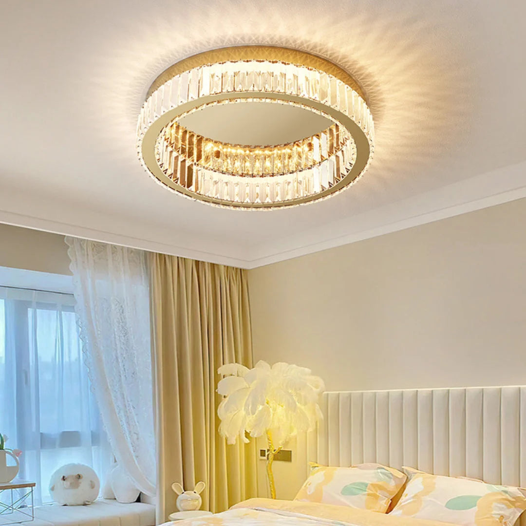 Lampa Sufitowa Glamour z Kryształami w Okrągłej Oprawie - Złoty z przezroczystym