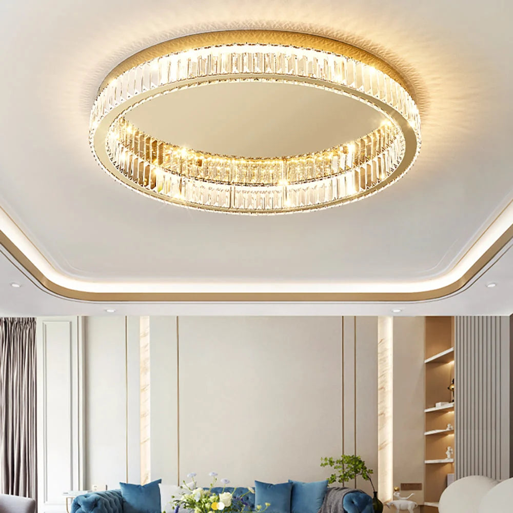 Lampa Sufitowa Glamour z Kryształami w Okrągłej Oprawie - Złoty z przezroczystym