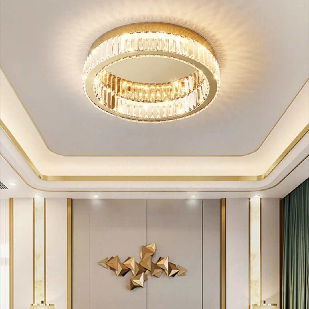 Lampa Sufitowa Glamour z Kryształami w Okrągłej Oprawie - Złoty z przezroczystym