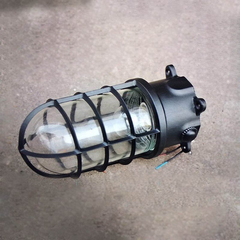 Lampa Sufitowa Industrialna z Kloszem Klatkowym i Szkłem - Czarny - okablowanie od dołu