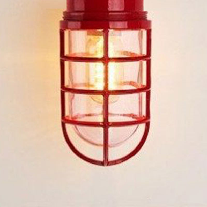 Lampa Sufitowa Industrialna z Kloszem Klatkowym i Szkłem - Czerwony - okablowanie od dołu