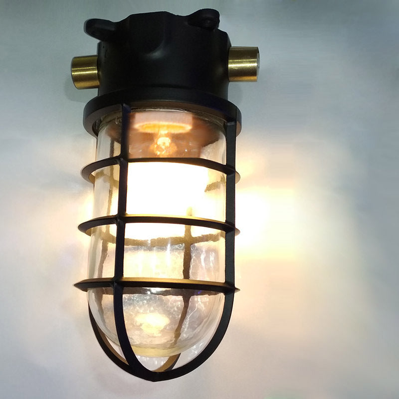 Lampa Sufitowa Industrialna z Kloszem Klatkowym i Szkłem - Czarny - okablowanie od boku