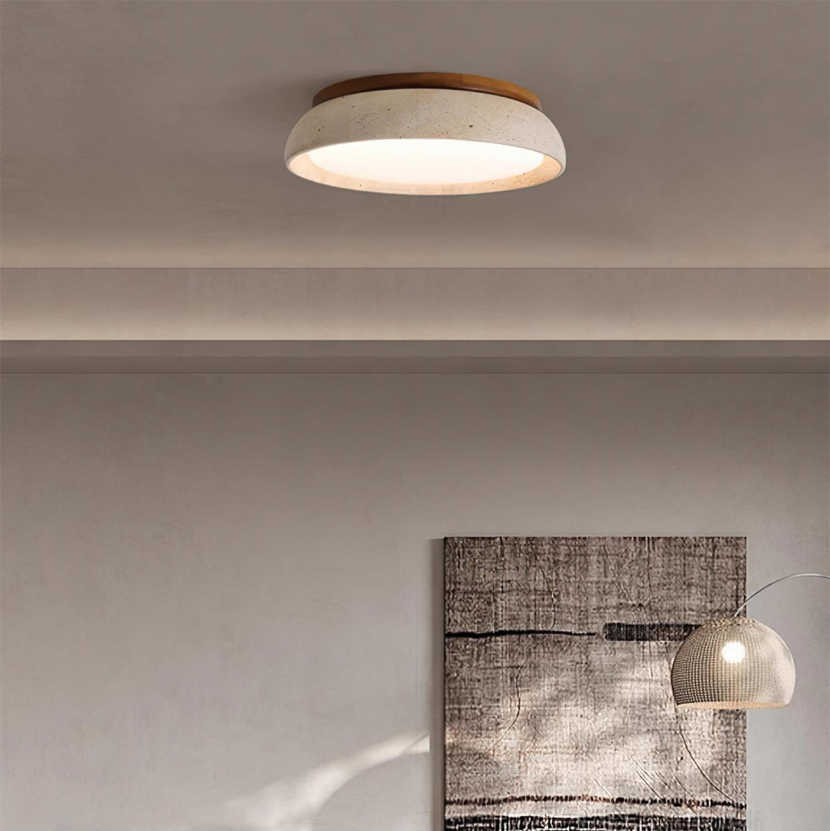Lampa Sufitowa Minimalistyczna z Trawertyna z Drewnianą Podstawą