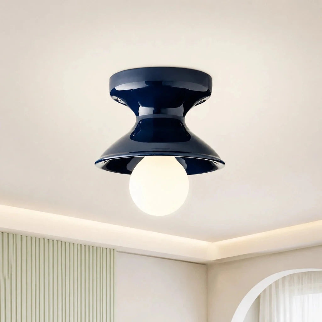 Lampa Sufitowa Natynkowa Retro z Ceramicznym Kloszem w Kształcie Klepsydry - Granatowy