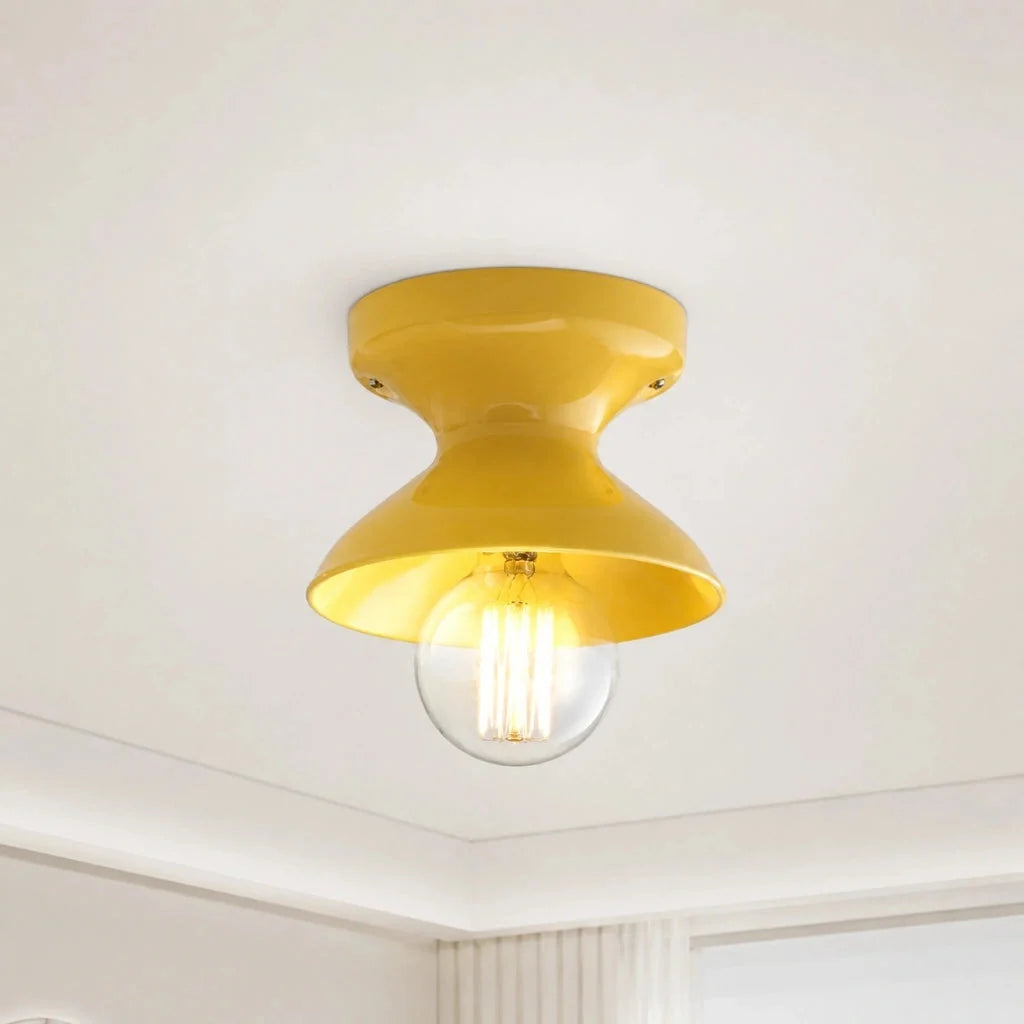 Lampa Sufitowa Natynkowa Retro z Ceramicznym Kloszem w Kształcie Klepsydry - Żółty