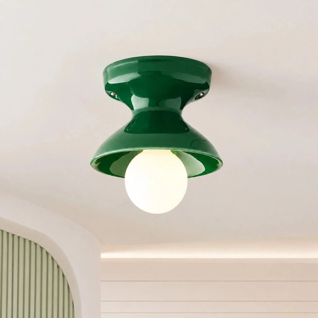 Lampa Sufitowa Natynkowa Retro z Ceramicznym Kloszem w Kształcie Klepsydry - Zielony