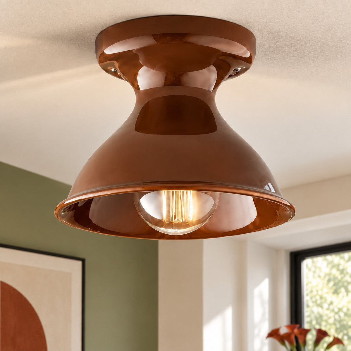 Lampa Sufitowa Natynkowa Retro z Ceramicznym Kloszem w Kształcie Klepsydry - Brązowy