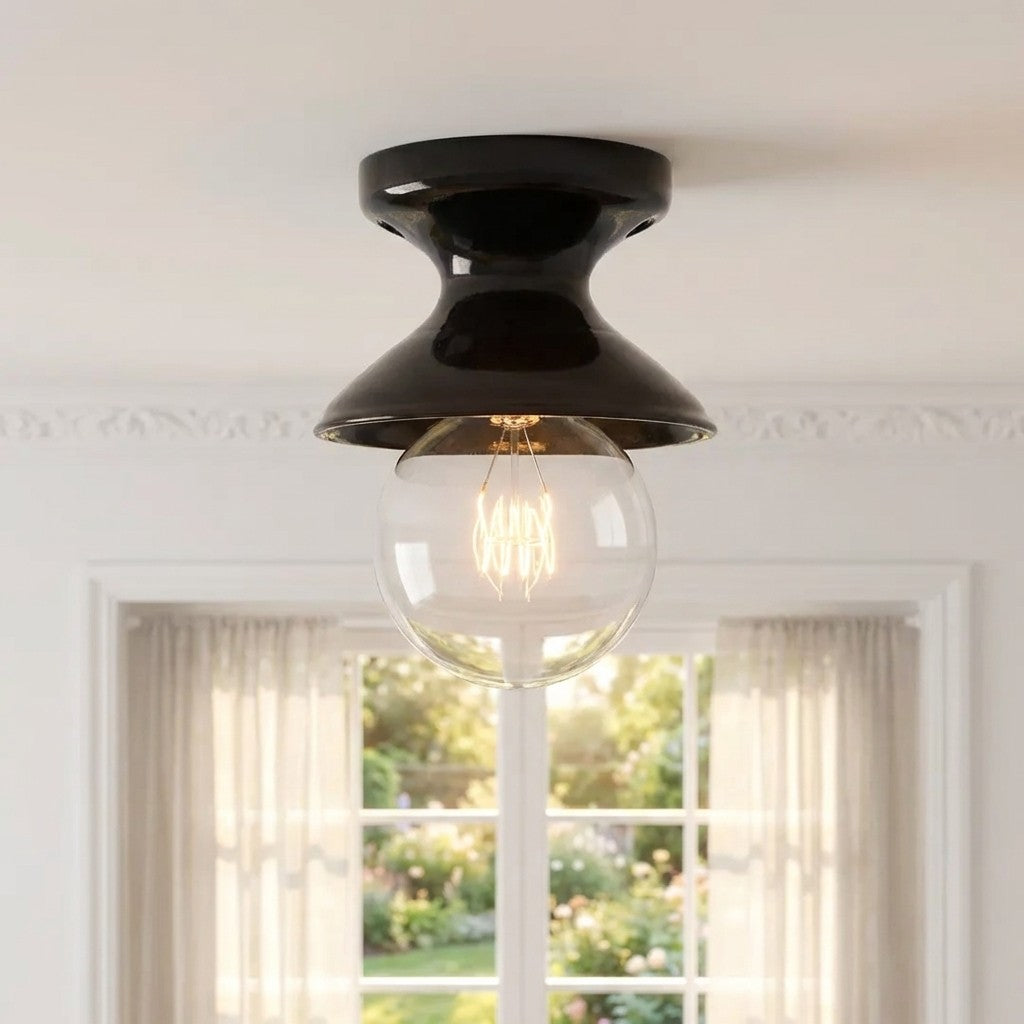 Lampa Sufitowa Natynkowa Retro z Ceramicznym Kloszem w Kształcie Klepsydry - Czarny