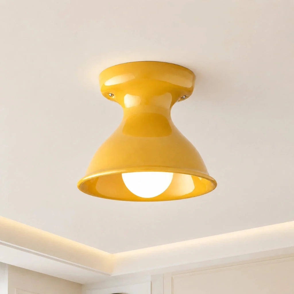 Lampa Sufitowa Natynkowa Retro z Ceramicznym Kloszem w Kształcie Klepsydry - Żółty