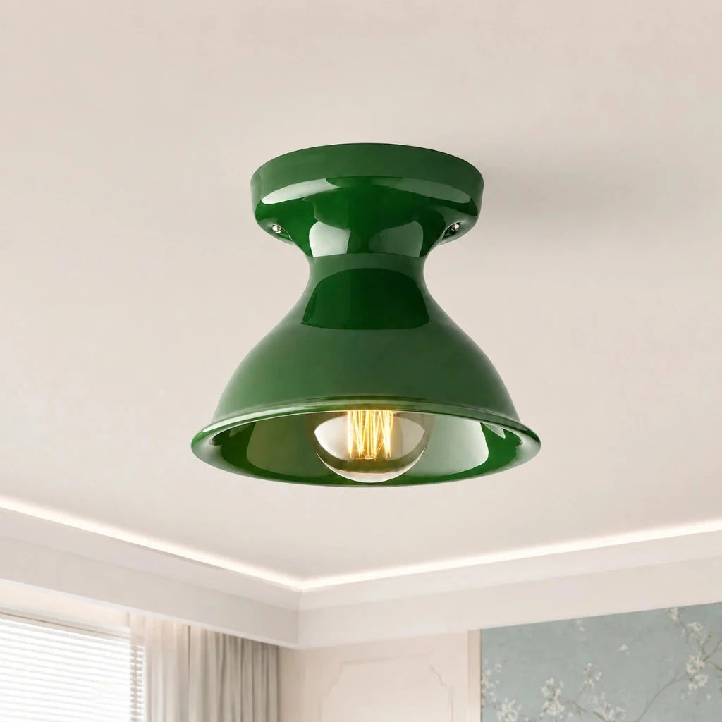 Lampa Sufitowa Natynkowa Retro z Ceramicznym Kloszem w Kształcie Klepsydry - Zielony